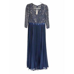 Kay Unger New York Dress Womens 8 Navy Blue Sequin Lace Pleated Gown 3/4 Sleeve